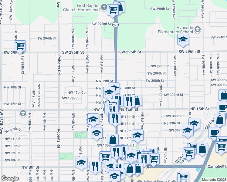 map of restaurants, bars, coffee shops, grocery stores, and more near 1780 North Krome Avenue in Homestead