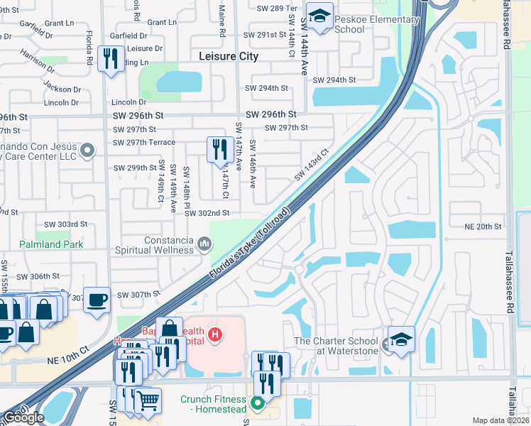 map of restaurants, bars, coffee shops, grocery stores, and more near 30213 Southwest 147th Avenue in Homestead