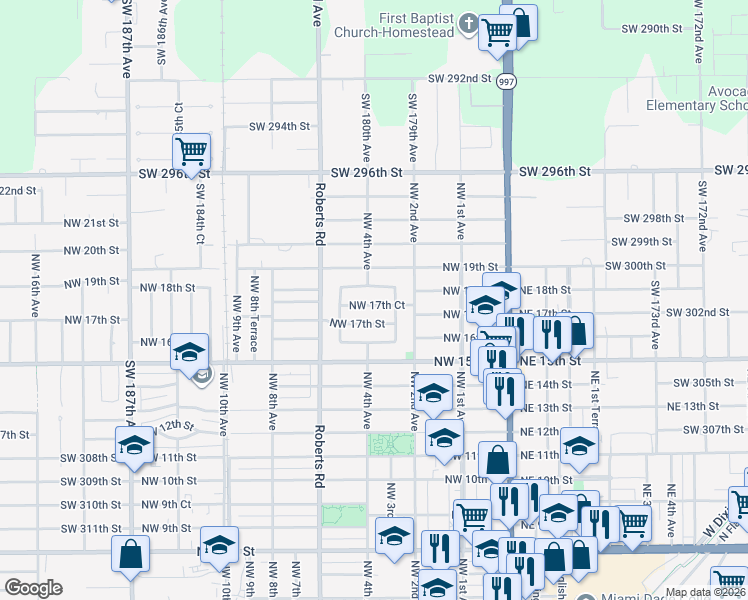 map of restaurants, bars, coffee shops, grocery stores, and more near 426 Northwest 17th Court in Homestead