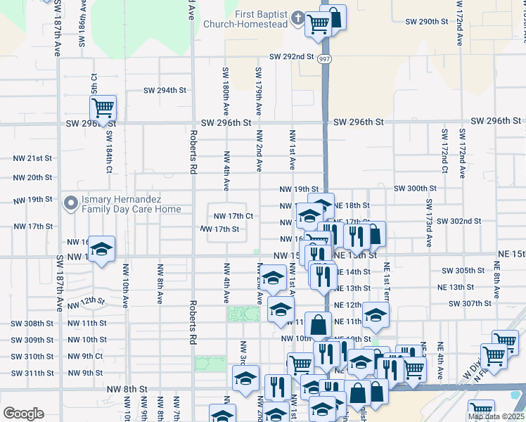map of restaurants, bars, coffee shops, grocery stores, and more near 190 Northwest 18th Street in Homestead