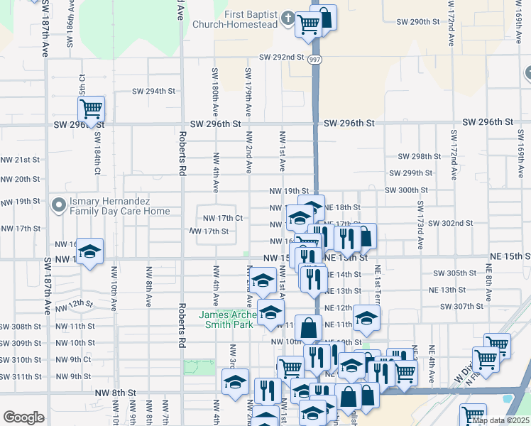 map of restaurants, bars, coffee shops, grocery stores, and more near 171 Northwest 17th Street in Homestead