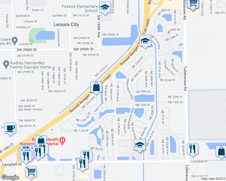 map of restaurants, bars, coffee shops, grocery stores, and more near 1855 Northeast 36th Avenue in Homestead