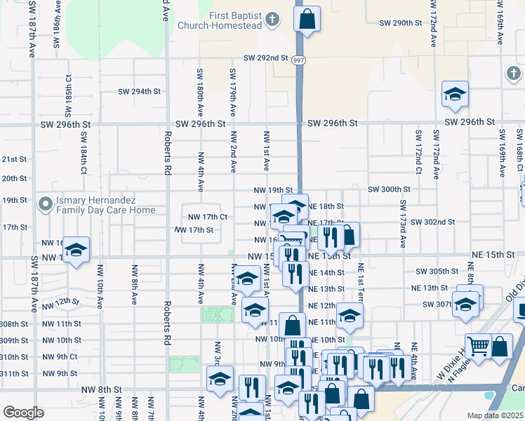map of restaurants, bars, coffee shops, grocery stores, and more near 87 Northwest 17th Street in Homestead
