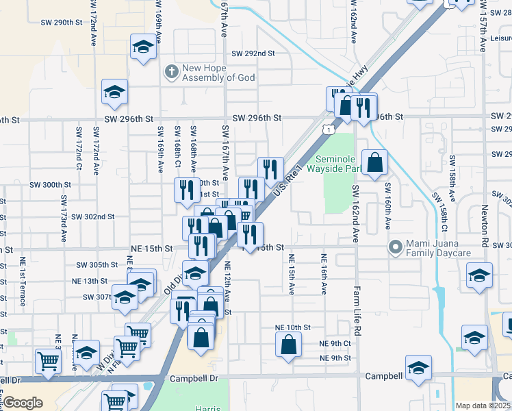 map of restaurants, bars, coffee shops, grocery stores, and more near 30125 South Dixie Highway in Homestead