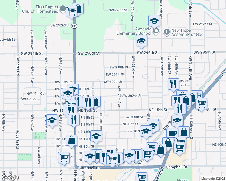 map of restaurants, bars, coffee shops, grocery stores, and more near 17331 Southwest 302nd Street in Homestead