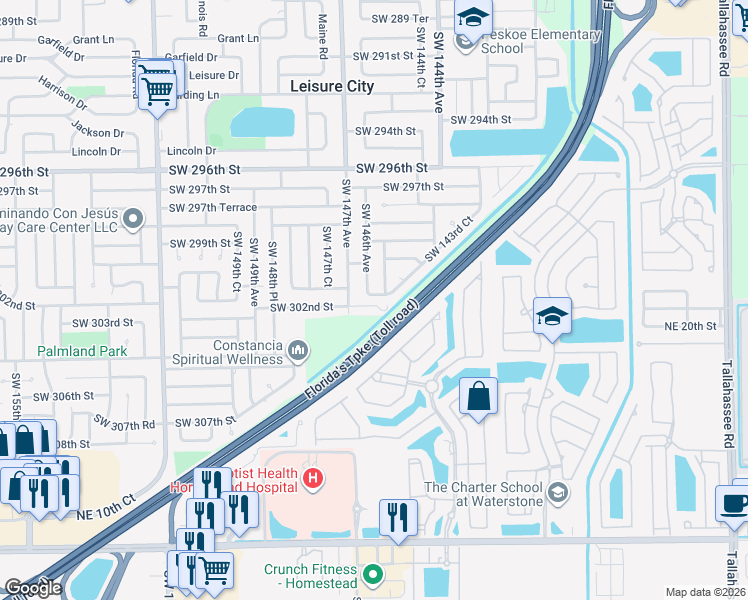 map of restaurants, bars, coffee shops, grocery stores, and more near 30213 Southwest 147th Avenue in Homestead