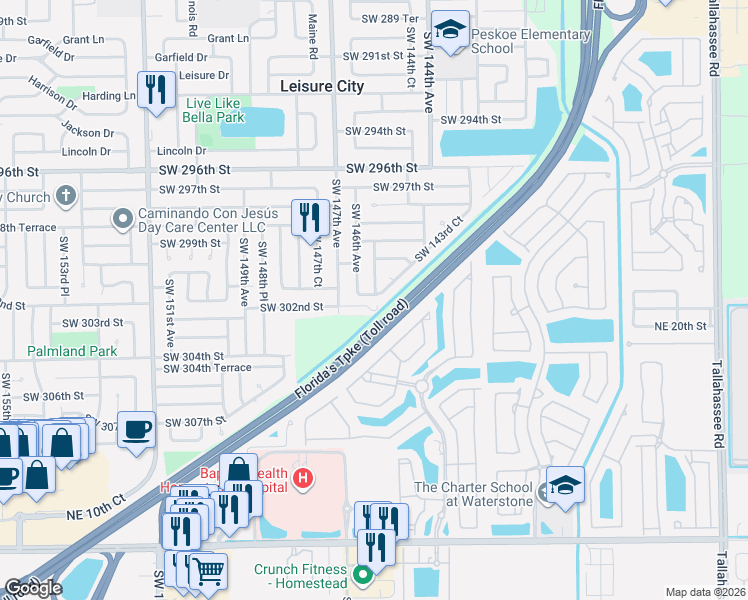 map of restaurants, bars, coffee shops, grocery stores, and more near 30213 Southwest 147th Avenue in Homestead