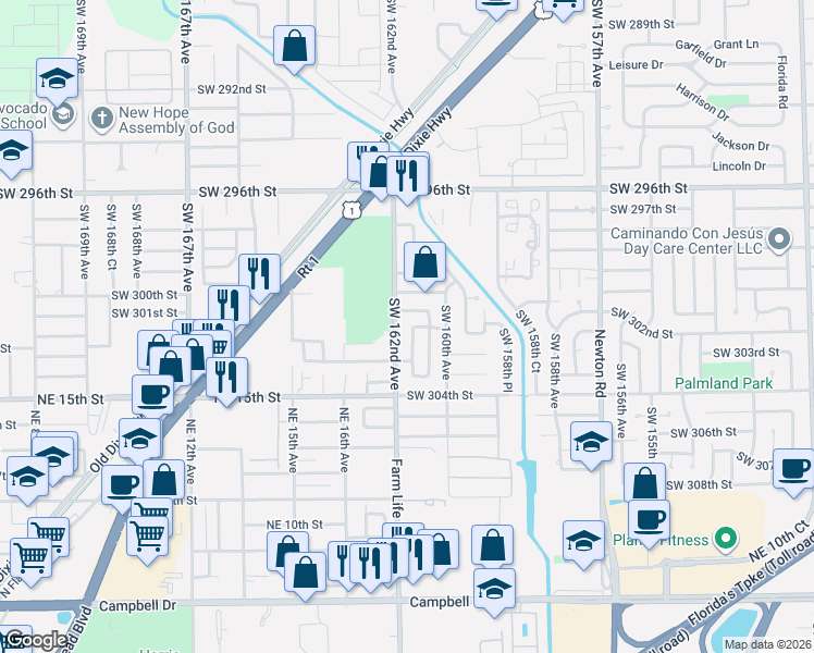 map of restaurants, bars, coffee shops, grocery stores, and more near 30200 Southwest 161st Court in Homestead