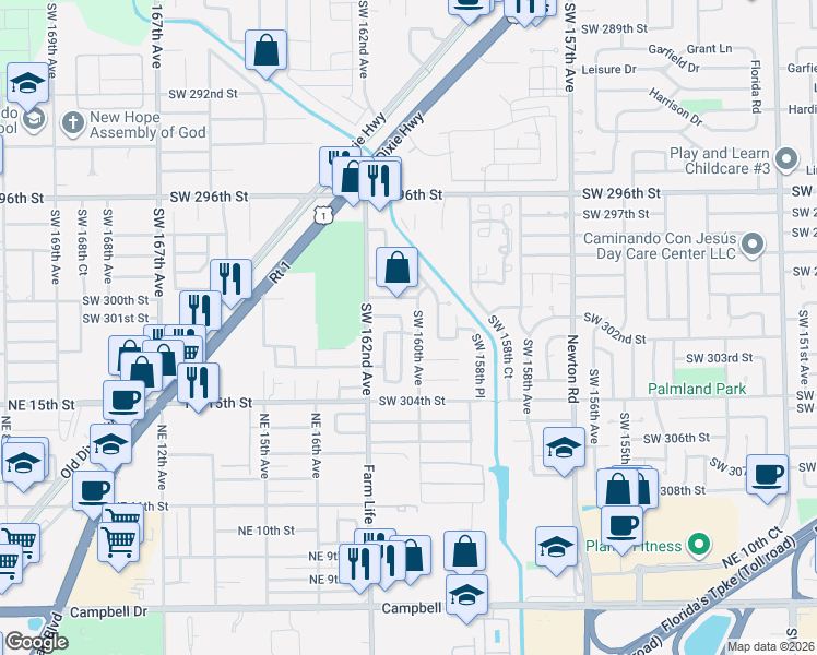 map of restaurants, bars, coffee shops, grocery stores, and more near 30040 Southwest 160th Avenue in Homestead