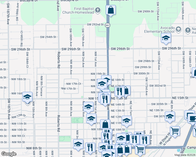 map of restaurants, bars, coffee shops, grocery stores, and more near 90 Northwest 19th Street in Homestead