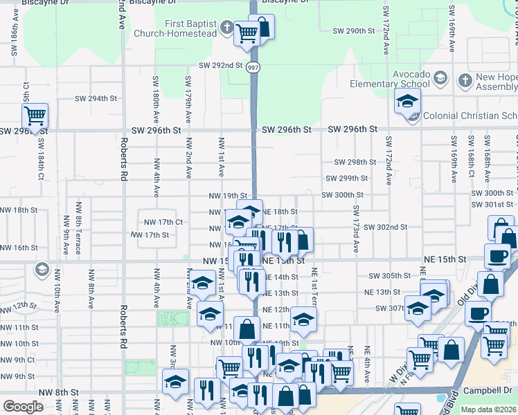 map of restaurants, bars, coffee shops, grocery stores, and more near 30 Northwest 19th Street in Homestead