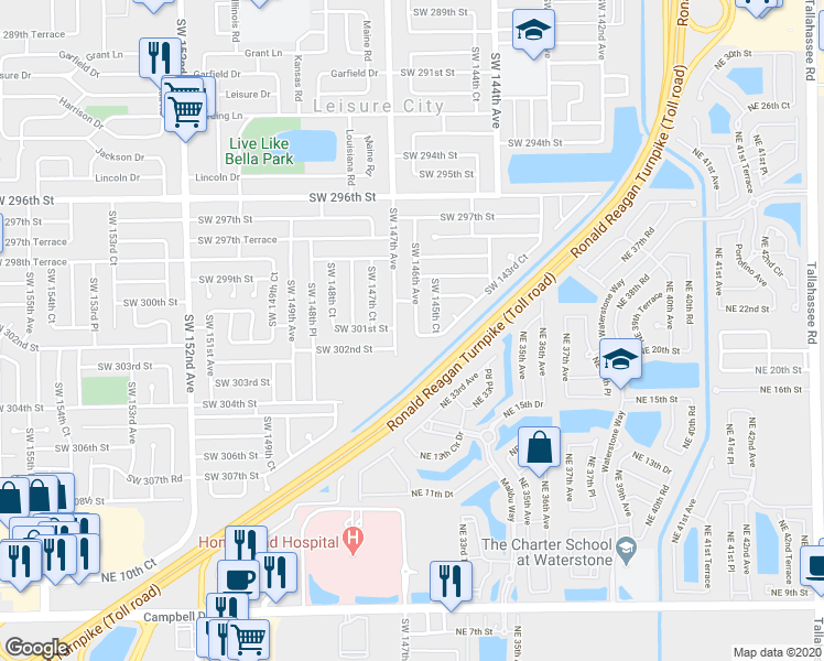 map of restaurants, bars, coffee shops, grocery stores, and more near 30110 Southwest 146th Avenue in Homestead