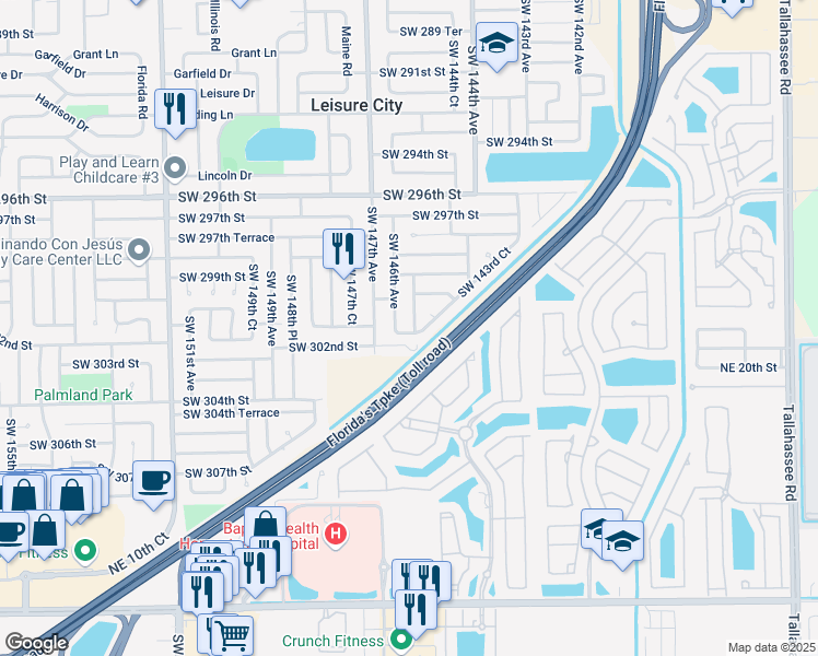 map of restaurants, bars, coffee shops, grocery stores, and more near 30040 Southwest 145th Court in Homestead