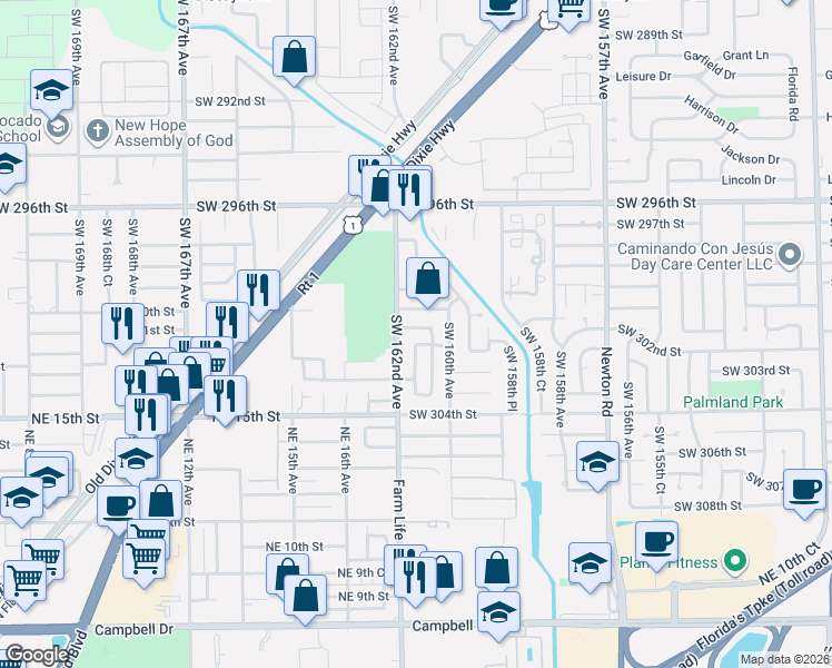 map of restaurants, bars, coffee shops, grocery stores, and more near 16161 Southwest 301st Street in Homestead