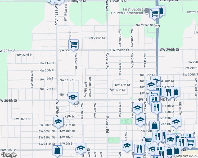 map of restaurants, bars, coffee shops, grocery stores, and more near 744 Northwest 19th Street in Homestead