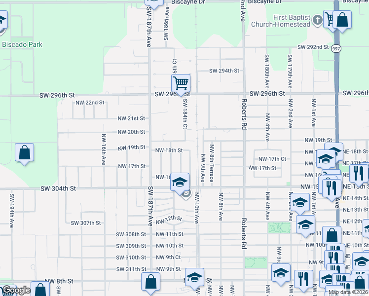 map of restaurants, bars, coffee shops, grocery stores, and more near 1150 Northwest 19th Street in Homestead