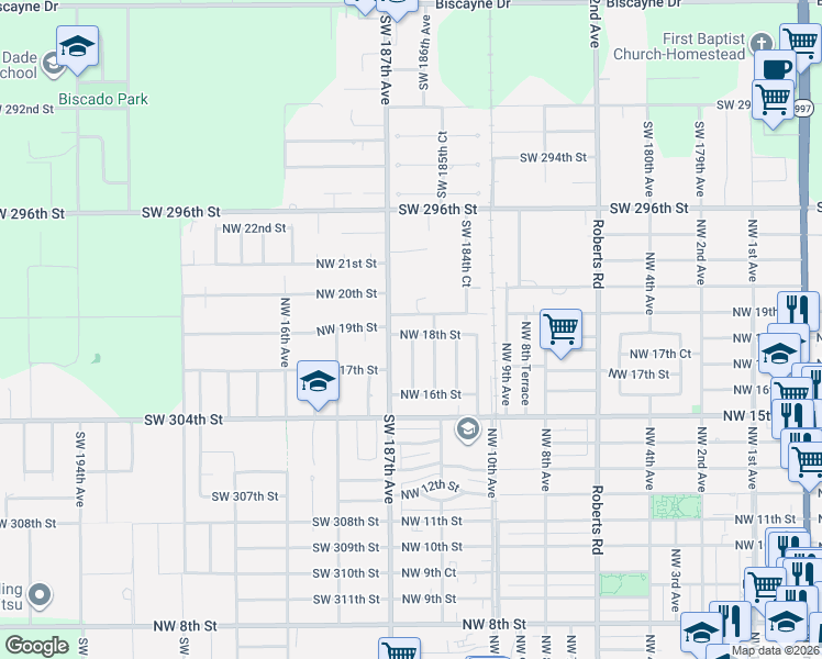 map of restaurants, bars, coffee shops, grocery stores, and more near 1310 Northwest 19th Street in Homestead