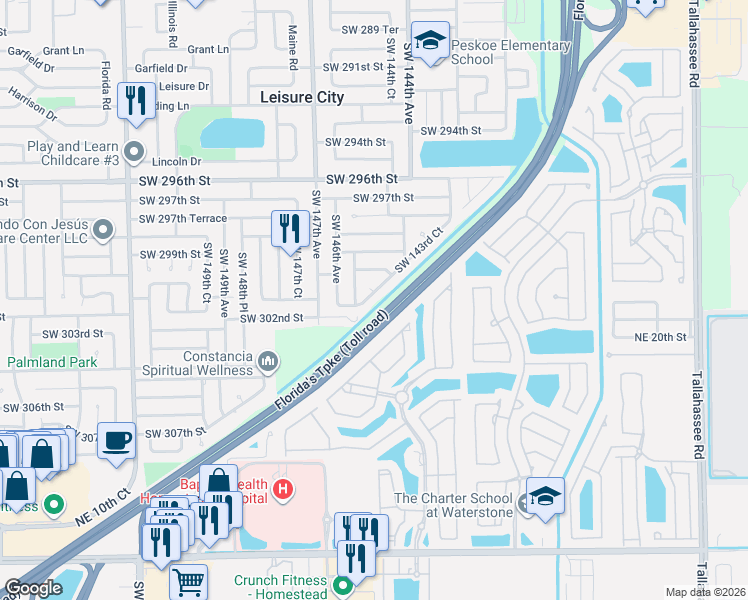 map of restaurants, bars, coffee shops, grocery stores, and more near 30035 Southwest 143rd Court in Homestead