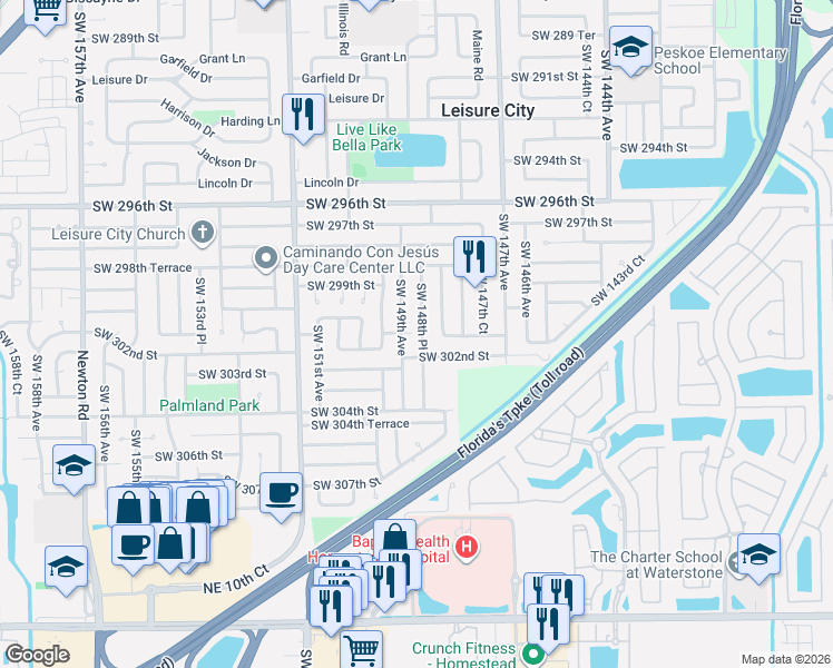 map of restaurants, bars, coffee shops, grocery stores, and more near 30037 Southwest 148th Place in Homestead