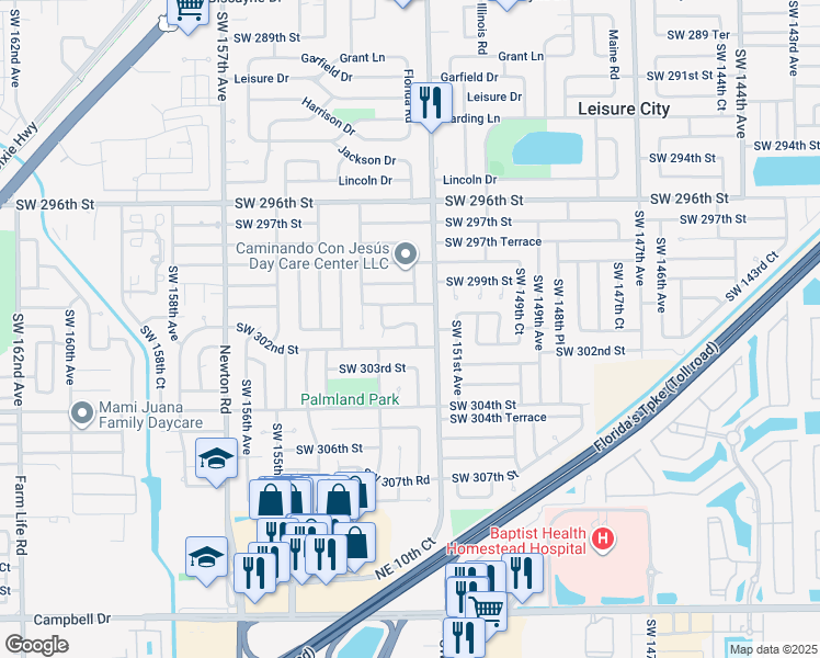 map of restaurants, bars, coffee shops, grocery stores, and more near 15231 Southwest 301st Street in Homestead