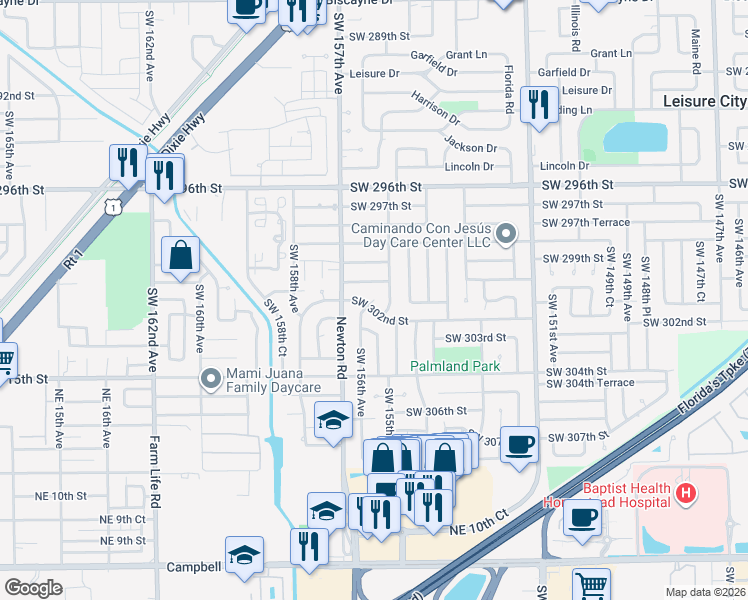 map of restaurants, bars, coffee shops, grocery stores, and more near 30120 Southwest 156th Avenue in Homestead