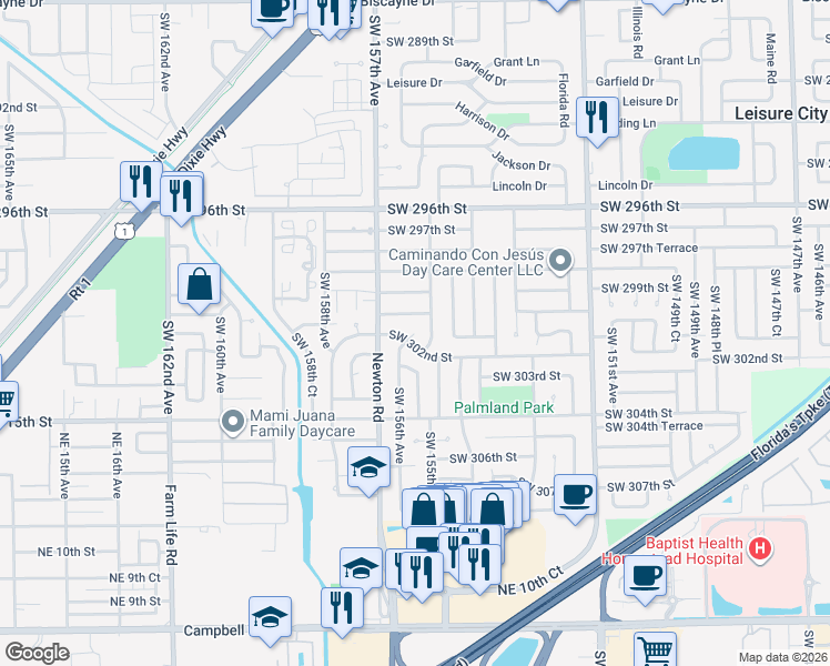 map of restaurants, bars, coffee shops, grocery stores, and more near 30120 Southwest 156th Avenue in Homestead