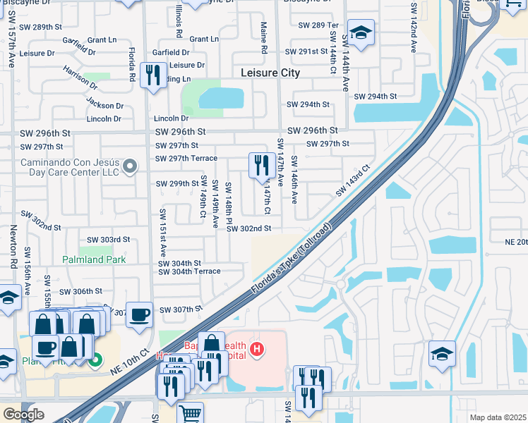 map of restaurants, bars, coffee shops, grocery stores, and more near 30081 Southwest 148th Avenue in Homestead