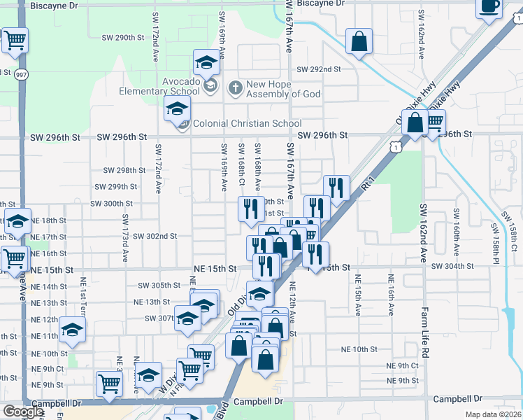 map of restaurants, bars, coffee shops, grocery stores, and more near 16760 Southwest 300th Street in Homestead