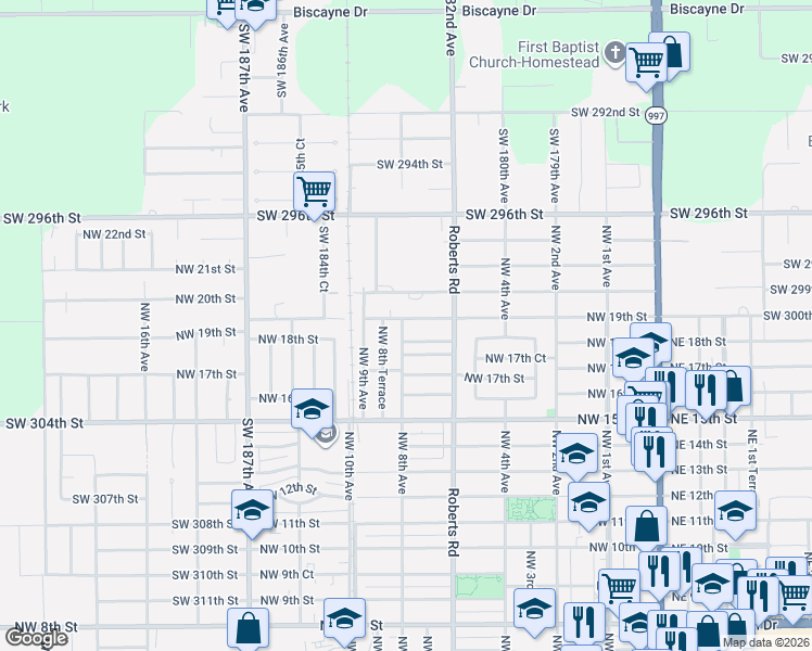 map of restaurants, bars, coffee shops, grocery stores, and more near 744 Northwest 19th Street in Homestead