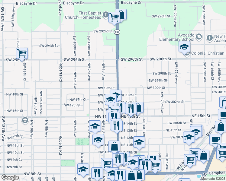 map of restaurants, bars, coffee shops, grocery stores, and more near 30 Northwest 19th Street in Homestead