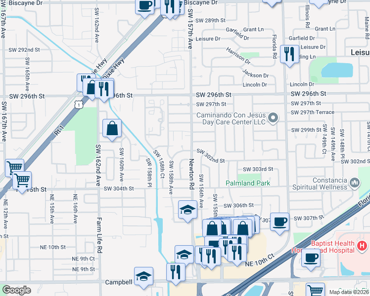map of restaurants, bars, coffee shops, grocery stores, and more near 30060 Southwest 157th Avenue in Homestead