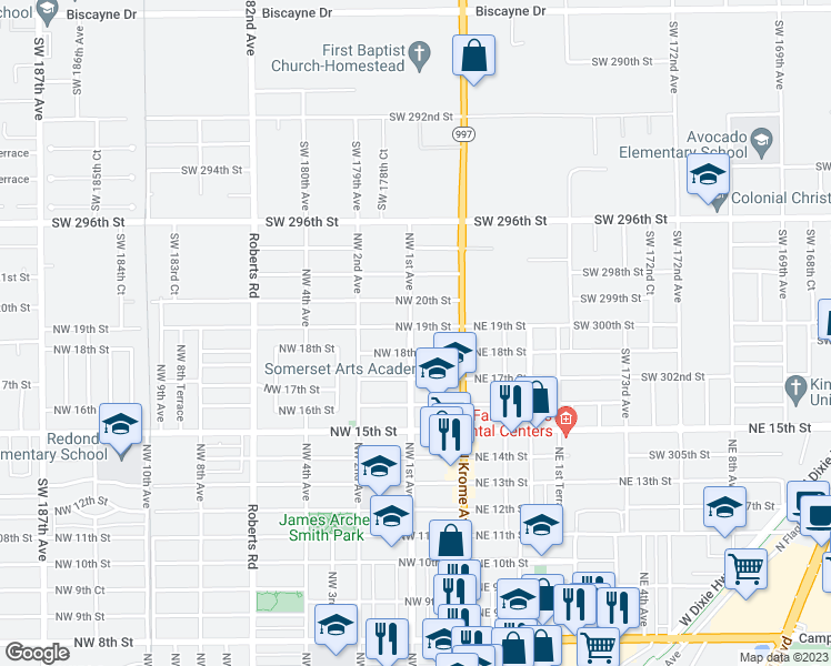 map of restaurants, bars, coffee shops, grocery stores, and more near 90 Northwest 19th Street in Homestead