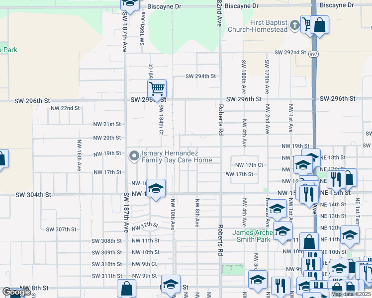 map of restaurants, bars, coffee shops, grocery stores, and more near 1892 Northwest 8th Terrace in Homestead