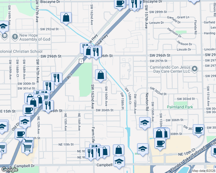 map of restaurants, bars, coffee shops, grocery stores, and more near 30040 Southwest 160th Avenue in Homestead