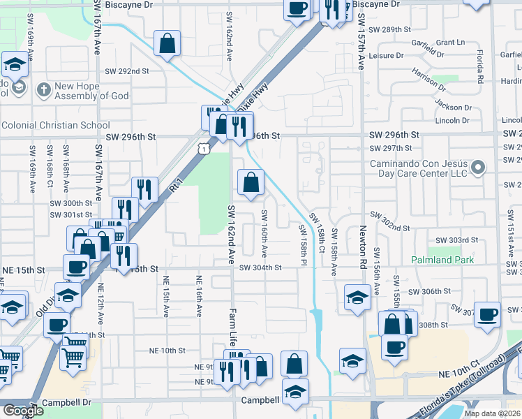 map of restaurants, bars, coffee shops, grocery stores, and more near 30040 Southwest 160th Avenue in Homestead