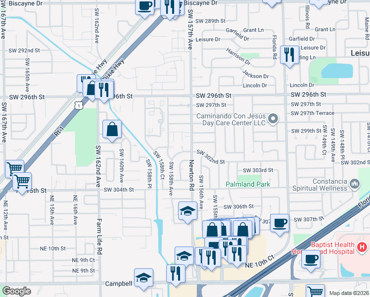 map of restaurants, bars, coffee shops, grocery stores, and more near 30060 Southwest 157th Avenue in Homestead