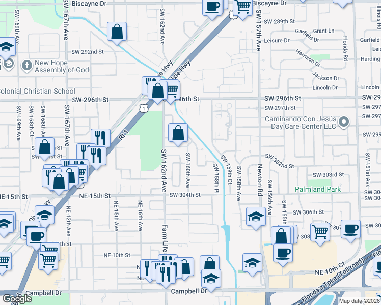 map of restaurants, bars, coffee shops, grocery stores, and more near 30040 Southwest 160th Avenue in Homestead