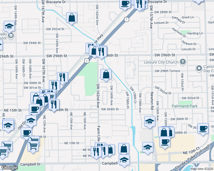 map of restaurants, bars, coffee shops, grocery stores, and more near 30040 Southwest 160th Avenue in Homestead