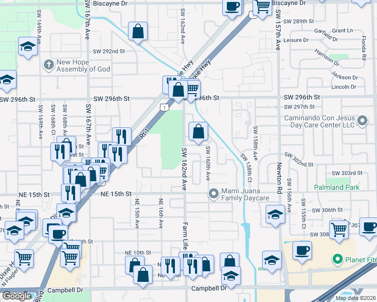 map of restaurants, bars, coffee shops, grocery stores, and more near 16161 Southwest 301st Street in Homestead
