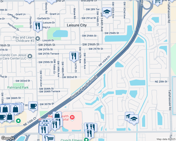 map of restaurants, bars, coffee shops, grocery stores, and more near 30040 Southwest 145th Court in Homestead