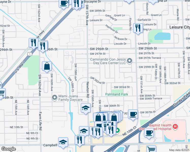 map of restaurants, bars, coffee shops, grocery stores, and more near 30120 Southwest 156th Avenue in Homestead