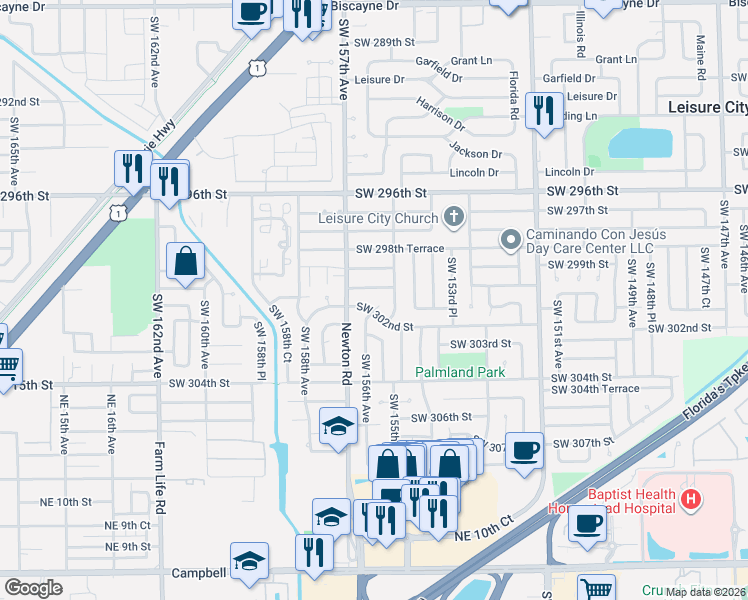 map of restaurants, bars, coffee shops, grocery stores, and more near 30120 Southwest 156th Avenue in Homestead