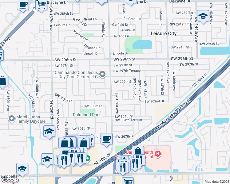 map of restaurants, bars, coffee shops, grocery stores, and more near 30020 Southwest 151st Avenue in Homestead