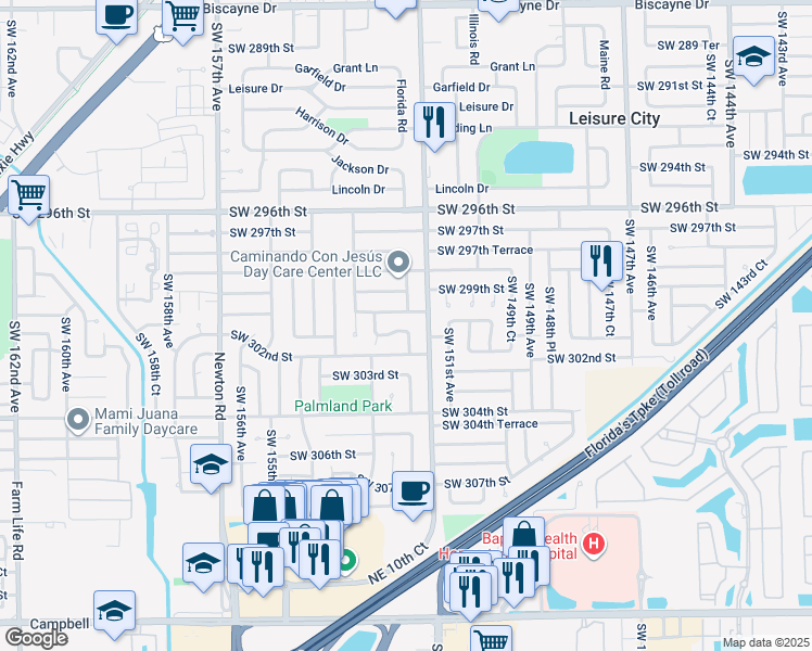map of restaurants, bars, coffee shops, grocery stores, and more near 15231 Southwest 301st Street in Homestead