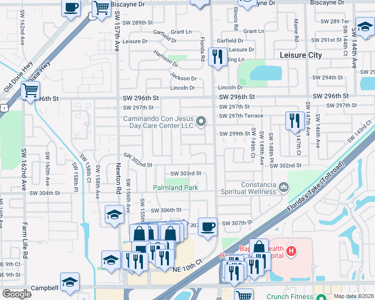 map of restaurants, bars, coffee shops, grocery stores, and more near 30010 Southwest 153rd Avenue in Homestead
