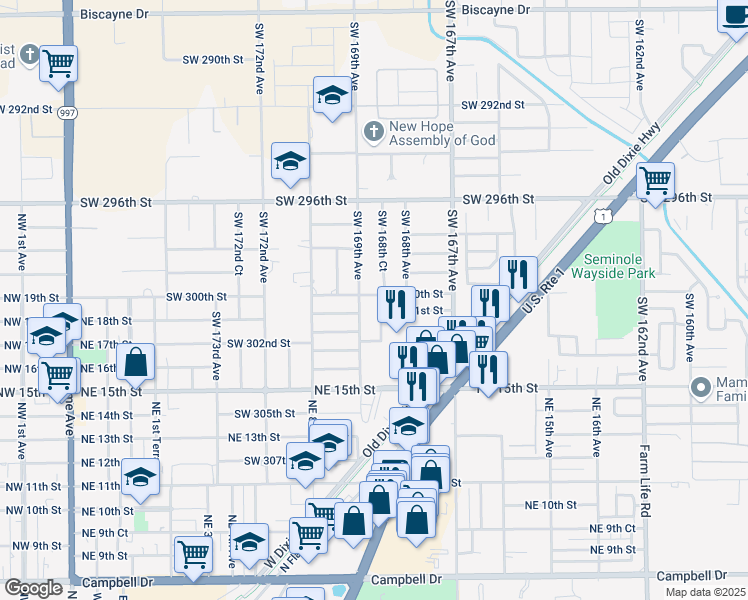 map of restaurants, bars, coffee shops, grocery stores, and more near 30000 Southwest 168th Court in Homestead