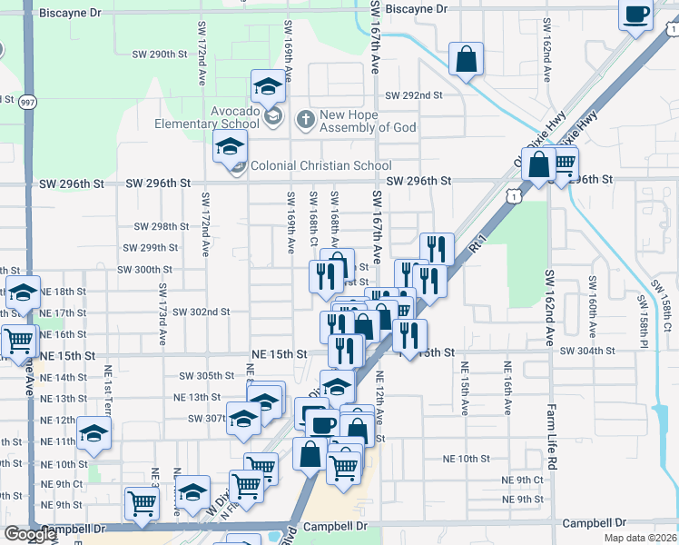 map of restaurants, bars, coffee shops, grocery stores, and more near 16760 Southwest 300th Street in Homestead