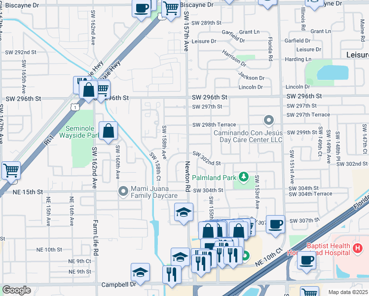 map of restaurants, bars, coffee shops, grocery stores, and more near 30060 Southwest 157th Avenue in Homestead