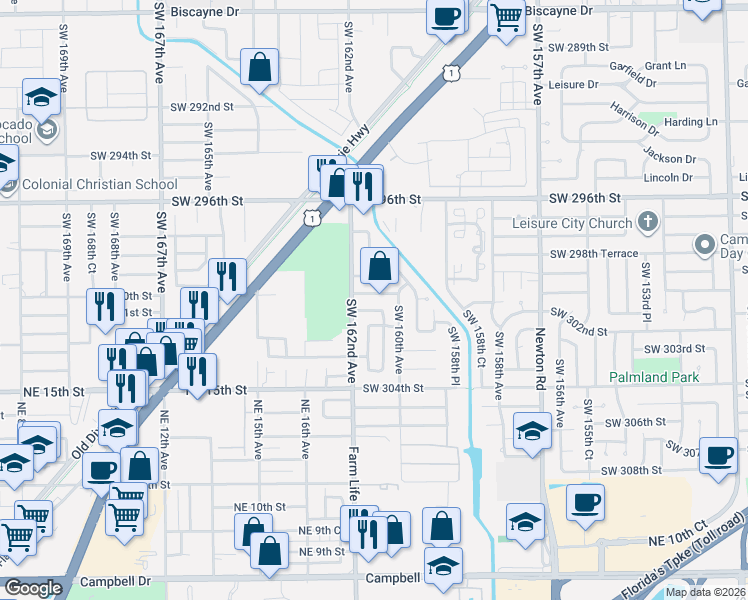 map of restaurants, bars, coffee shops, grocery stores, and more near 16161 Southwest 301st Street in Homestead