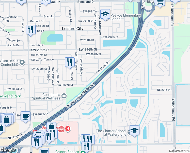 map of restaurants, bars, coffee shops, grocery stores, and more near 30035 Southwest 143rd Court in Homestead